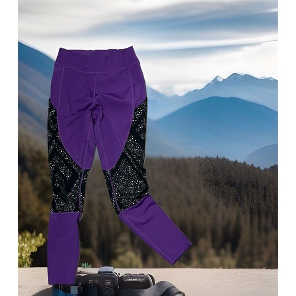 Pop Fit Purple Leggings Black Stars Celestial Pocket Small Stretch Sporty Lounge - Picture 2 of 4